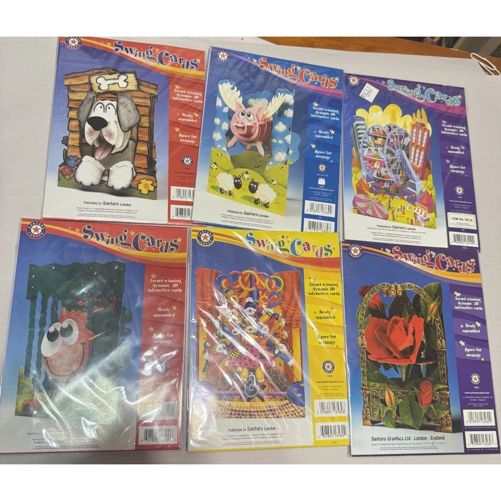 New Lot of 6 Swing 3D Popup Cards Santoro Birthday colorful dog pig circus roses